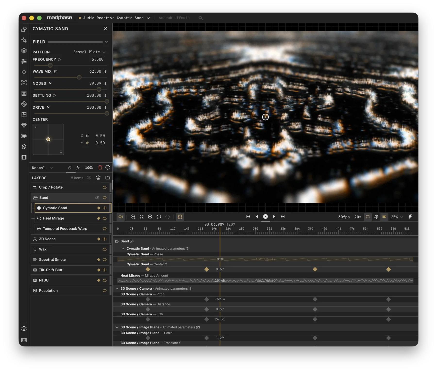 madphase interface showing a cymatic sand composition, layer stack, parameters, and timeline keyframes